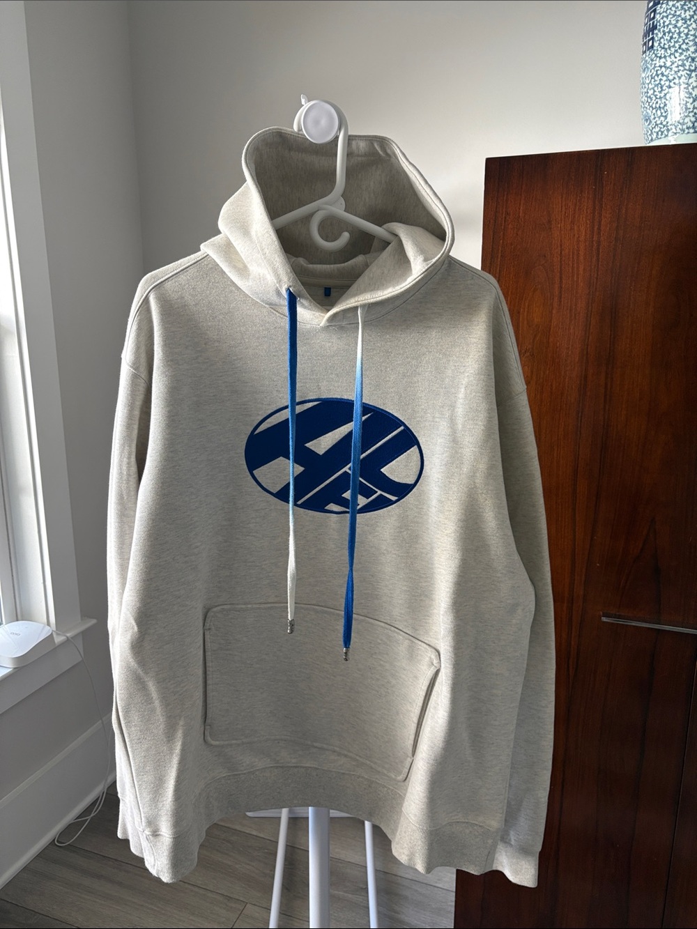 Adererror Neutral oatmeal Hoodie with Blue Graphic Sz L (A2)
